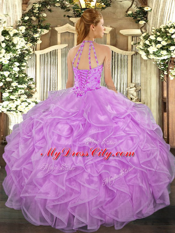 Floor Length Apple Green Quinceanera Gown Organza Sleeveless Beading and Ruffles
