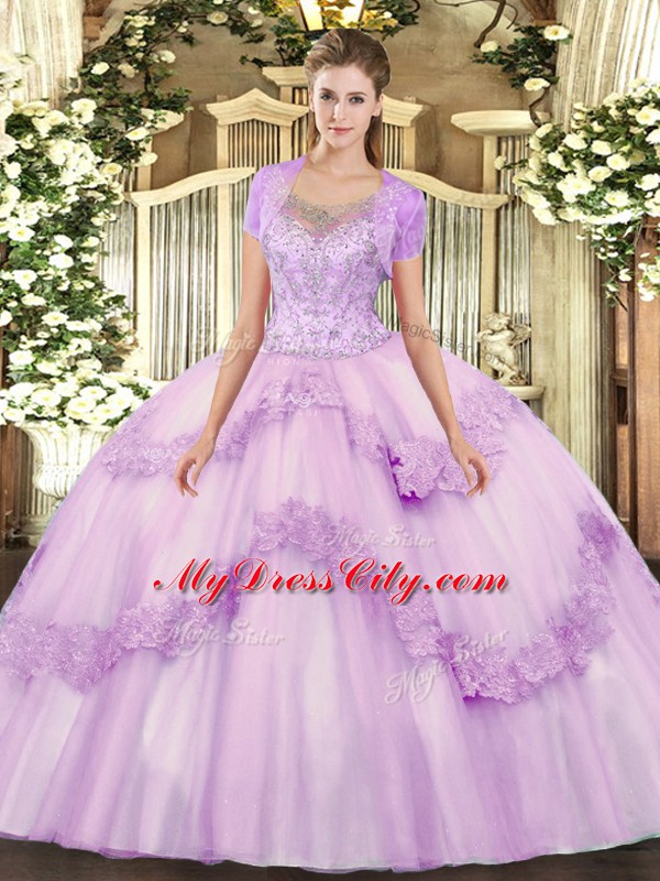 Shining Sleeveless Floor Length Beading and Appliques Clasp Handle Quinceanera Dresses with Lilac