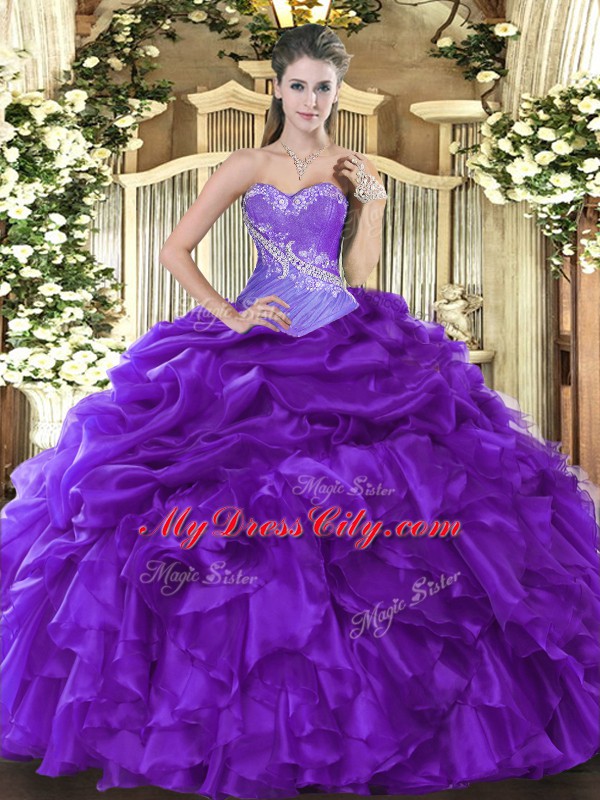 Enchanting Sleeveless Organza Floor Length Lace Up Quinceanera Dress in Purple with Beading and Ruffles and Pick Ups