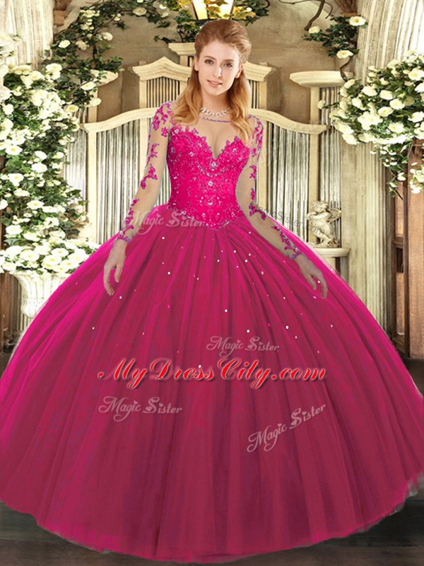Fancy Floor Length Lace Up Quinceanera Dress Hot Pink for Military Ball and Sweet 16 and Quinceanera with Lace