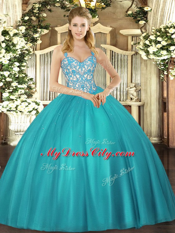 Comfortable Sleeveless Floor Length Beading and Ruffles Lace Up Quinceanera Dress with Teal