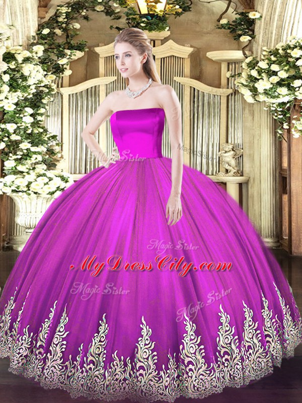 Floor Length Zipper Sweet 16 Dress Fuchsia for Military Ball and Sweet 16 and Quinceanera with Appliques