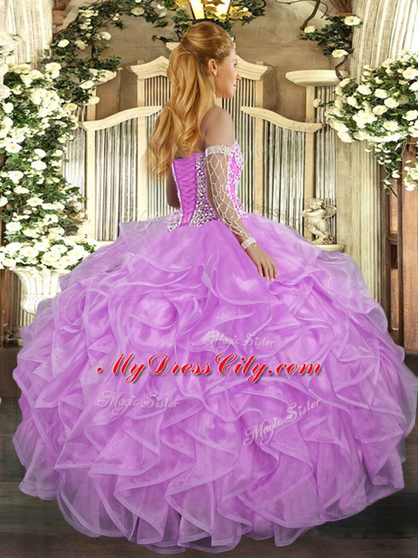 Excellent Rose Pink Ball Gowns Tulle Sweetheart Sleeveless Beading and Ruffles Floor Length Lace Up Quinceanera Dress
