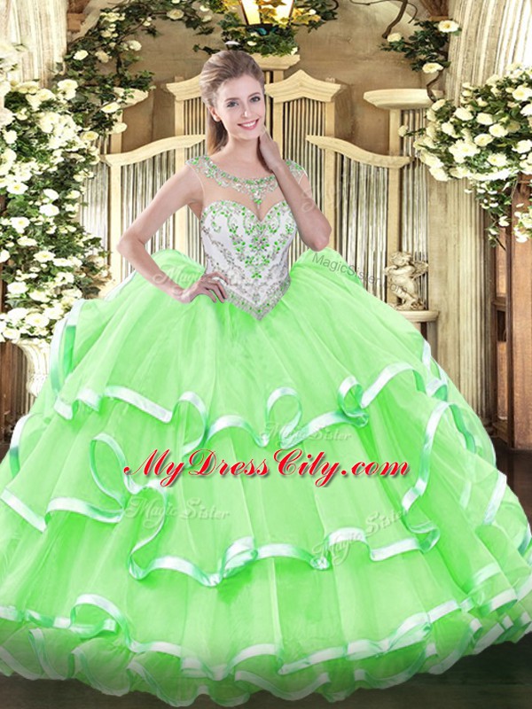 Romantic Quinceanera Gowns Military Ball and Sweet 16 and Quinceanera with Beading and Ruffled Layers Scoop Sleeveless Zipper