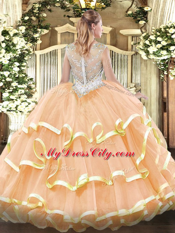 Romantic Quinceanera Gowns Military Ball and Sweet 16 and Quinceanera with Beading and Ruffled Layers Scoop Sleeveless Zipper