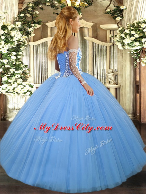 Pretty Beading Quinceanera Gowns Blue Lace Up Sleeveless Floor Length