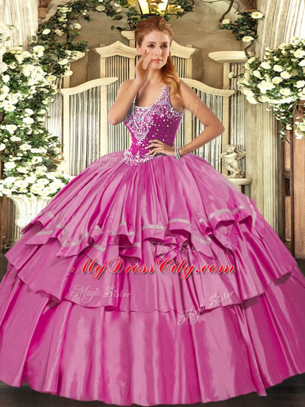 Lilac Straps Lace Up Beading and Ruffled Layers Quinceanera Gown Sleeveless