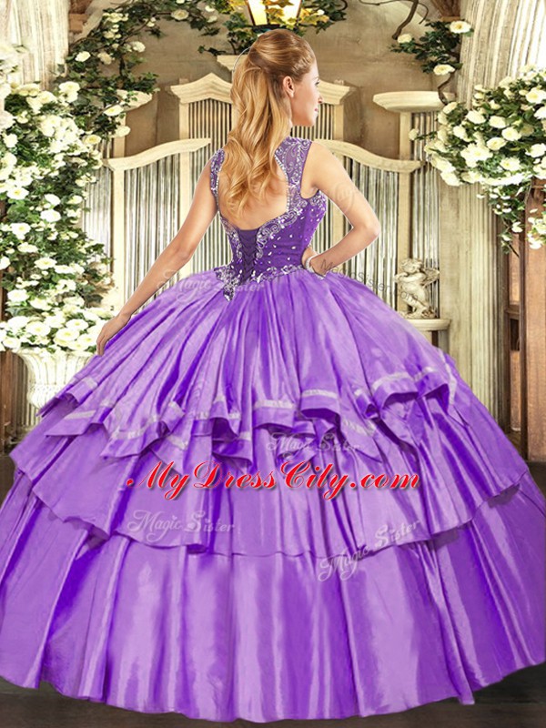 Lilac Straps Lace Up Beading and Ruffled Layers Quinceanera Gown Sleeveless