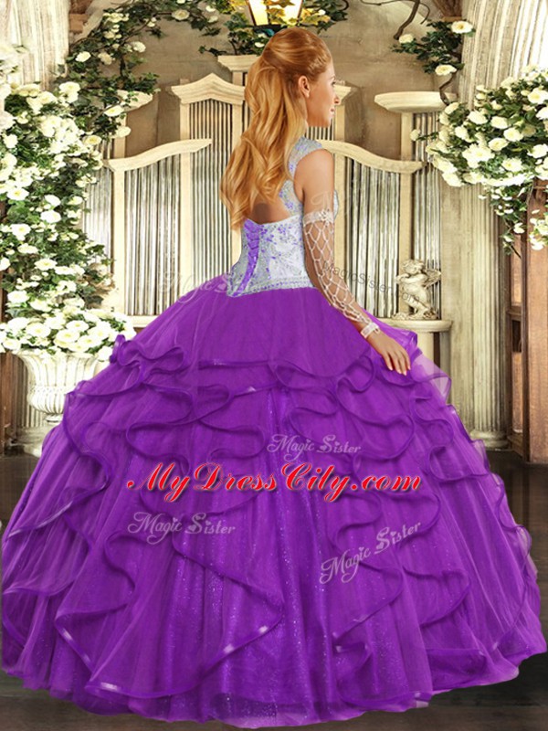 Popular Floor Length Lace Up 15 Quinceanera Dress Purple for Sweet 16 and Quinceanera with Beading and Ruffles