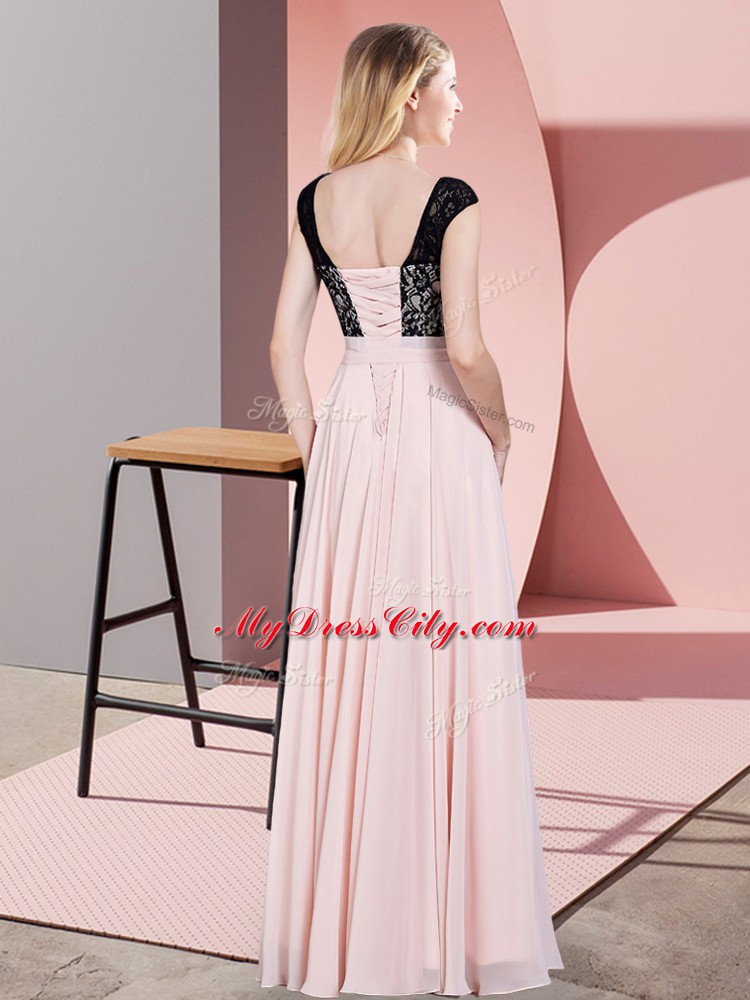 Flare Champagne Sleeveless Lace and Belt Floor Length Homecoming Dress