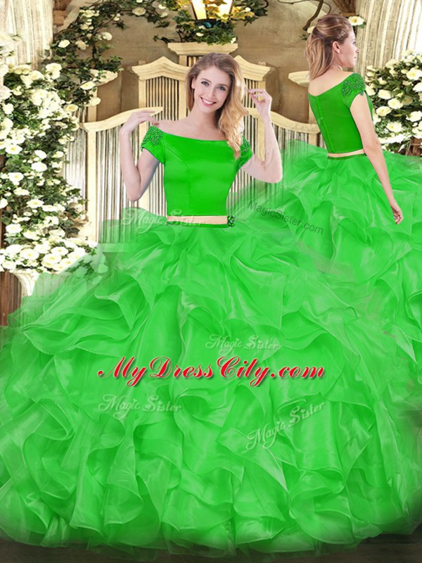 Appliques and Ruffles Ball Gown Prom Dress Green Zipper Short Sleeves Floor Length