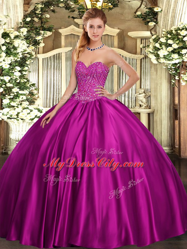 Custom Design Beading Quinceanera Gowns Fuchsia Lace Up Sleeveless Floor Length