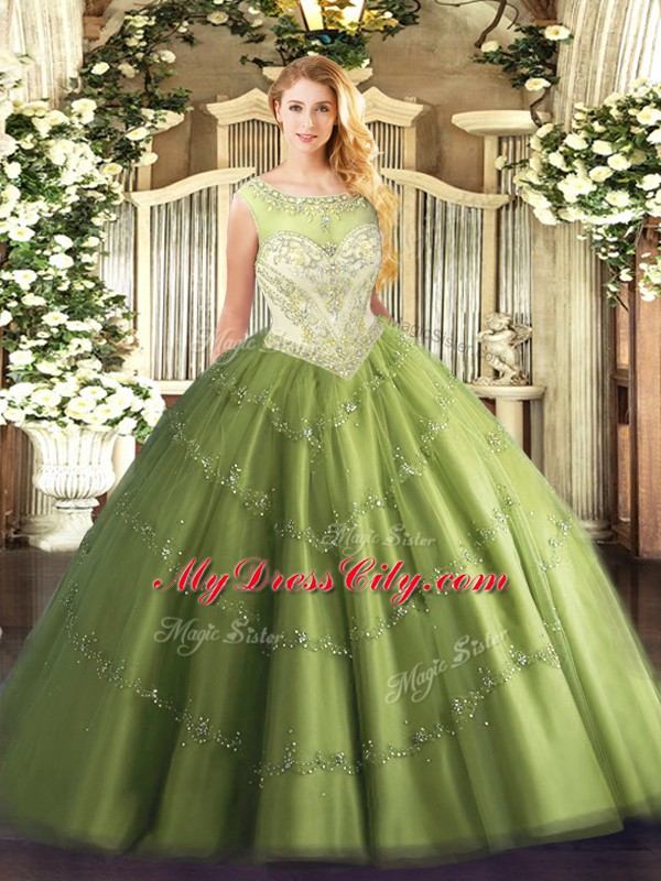 Olive Green Quinceanera Gown Sweet 16 and Quinceanera with Beading Scoop Cap Sleeves Zipper