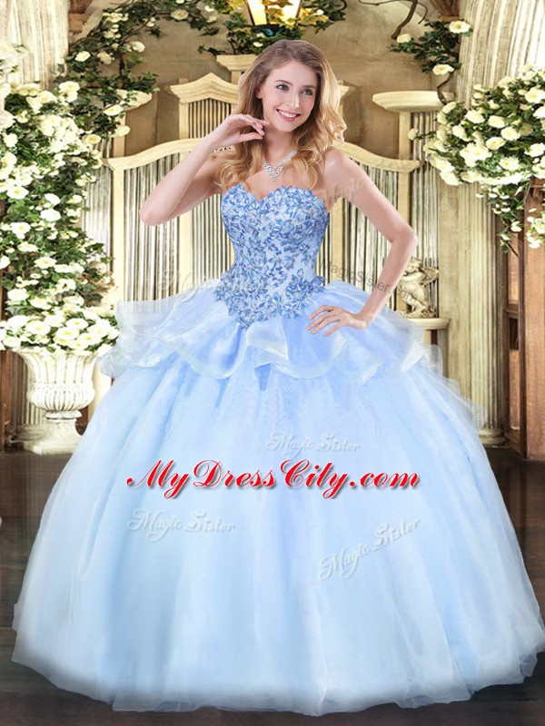 Appliques Quinceanera Gown Light Blue Lace Up Sleeveless Floor Length