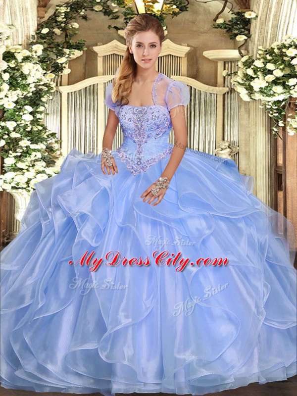 Floor Length Light Blue Sweet 16 Dresses Organza Sleeveless Appliques and Ruffles