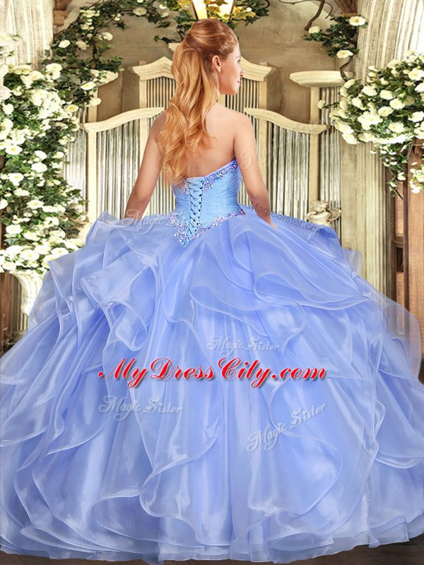 Floor Length Light Blue Sweet 16 Dresses Organza Sleeveless Appliques and Ruffles