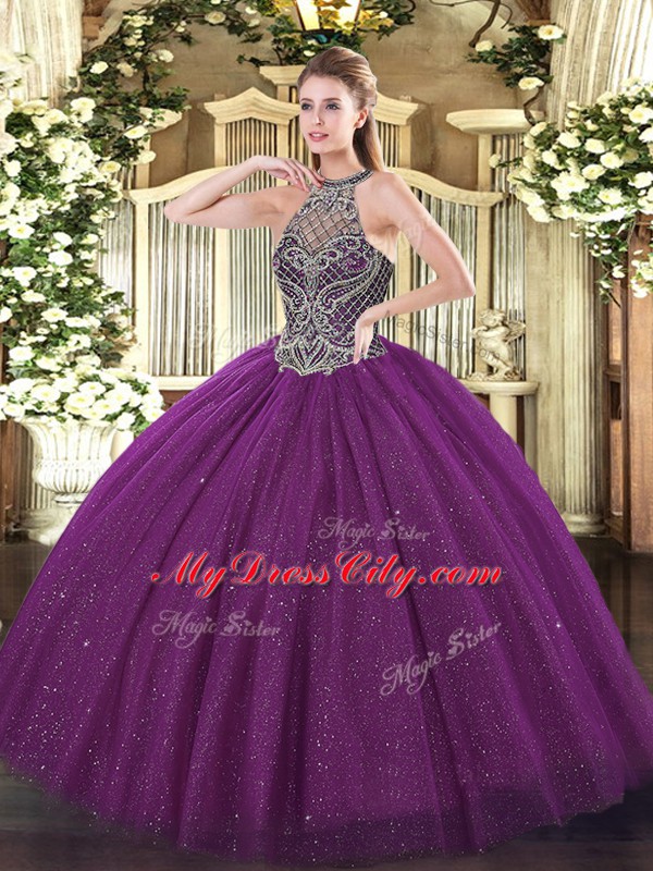 Fantastic Floor Length Lace Up Sweet 16 Quinceanera Dress Eggplant Purple for Party and Military Ball and Sweet 16 and Quinceanera with Beading