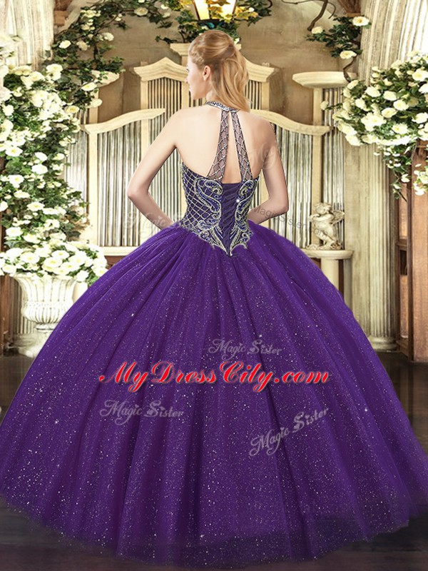 Fantastic Floor Length Lace Up Sweet 16 Quinceanera Dress Eggplant Purple for Party and Military Ball and Sweet 16 and Quinceanera with Beading