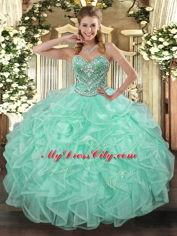 Apple Green Sweetheart Neckline Beading and Ruffles 15 Quinceanera Dress Sleeveless Lace Up
