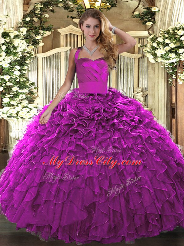 Affordable Organza Halter Top Sleeveless Lace Up Ruffles Quinceanera Dress in Fuchsia