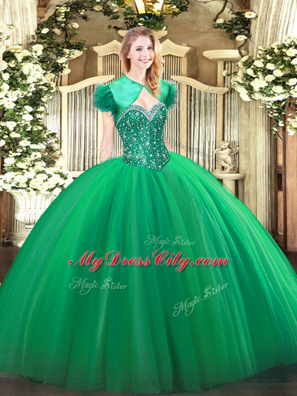 Turquoise Ball Gowns Beading Sweet 16 Dresses Lace Up Tulle Sleeveless Floor Length