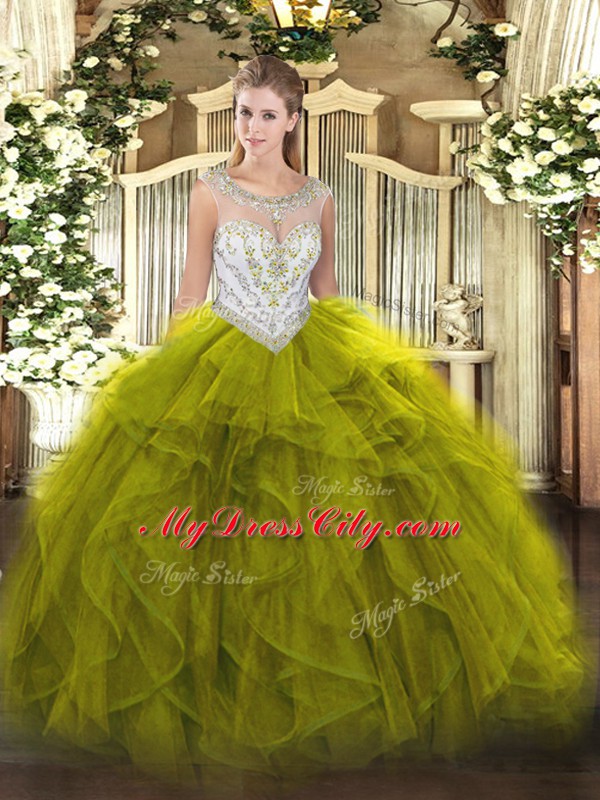 Comfortable Olive Green Tulle Zipper Quinceanera Dresses Sleeveless Floor Length Beading and Ruffles