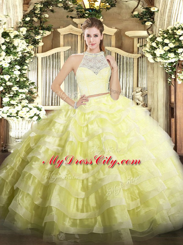 Exquisite Yellow Tulle Zipper Sweet 16 Dresses Sleeveless Floor Length Lace and Ruffled Layers