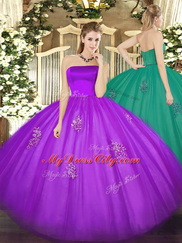 Sexy Tulle Strapless Sleeveless Zipper Appliques 15th Birthday Dress in Eggplant Purple