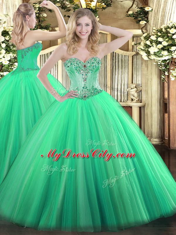 Turquoise Sleeveless Tulle Lace Up Quinceanera Gowns for Sweet 16 and Quinceanera