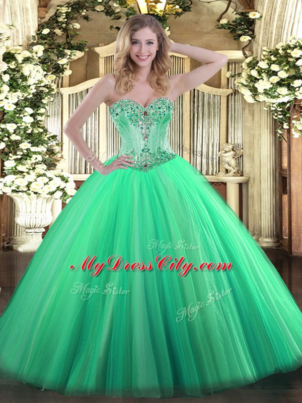 Turquoise Sleeveless Tulle Lace Up Quinceanera Gowns for Sweet 16 and Quinceanera