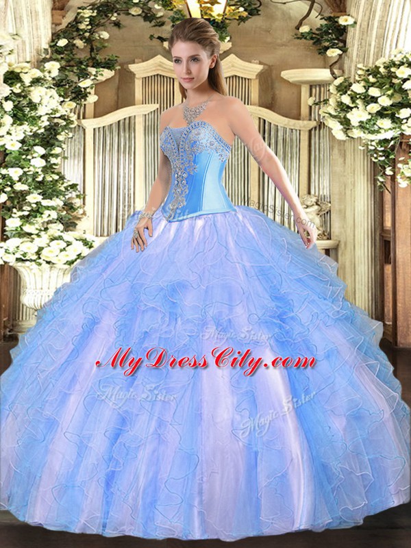Fantastic Aqua Blue Lace Up Sweetheart Beading and Ruffles Quinceanera Gown Tulle Sleeveless