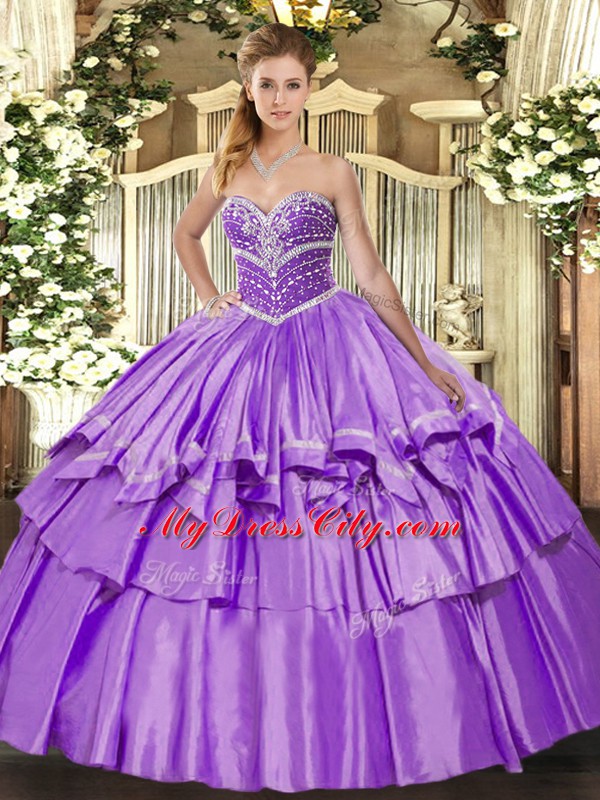 Affordable Lavender Ball Gowns Beading and Ruffled Layers Vestidos de Quinceanera Lace Up Organza and Taffeta Sleeveless Floor Length
