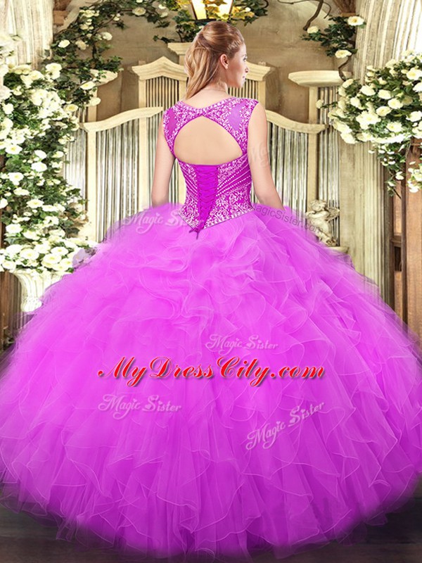 Traditional Lilac Sleeveless Beading and Ruffles Floor Length Quinceanera Gown
