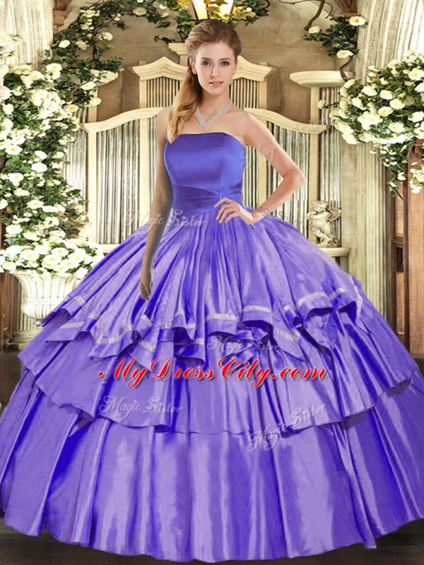 Charming Lavender Ball Gowns Strapless Sleeveless Organza Floor Length Lace Up Ruffled Layers Quinceanera Dress
