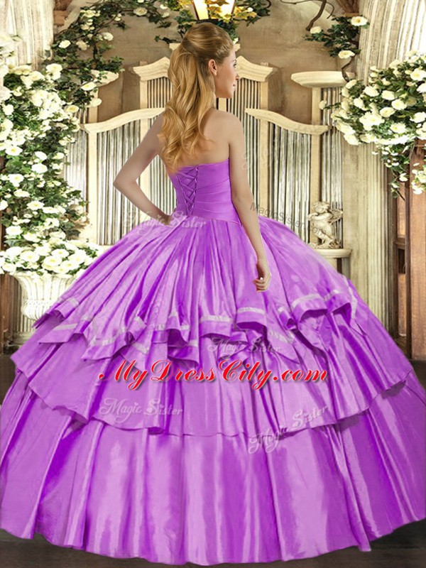 Charming Lavender Ball Gowns Strapless Sleeveless Organza Floor Length Lace Up Ruffled Layers Quinceanera Dress