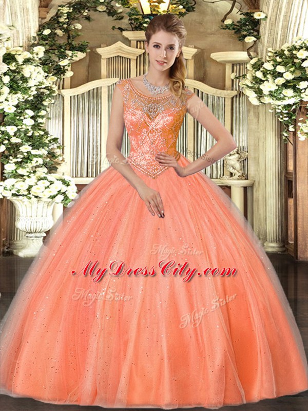 Orange Red Sleeveless Beading Floor Length Ball Gown Prom Dress