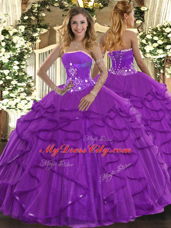Custom Made Purple Sleeveless Beading and Ruffles Floor Length Quince Ball Gowns