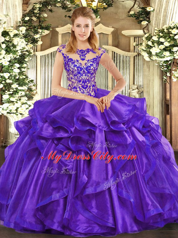 Ball Gowns Vestidos de Quinceanera Purple Scoop Organza Cap Sleeves Floor Length Lace Up