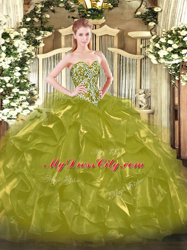 Glittering Floor Length Lace Up 15th Birthday Dress Olive Green for Military Ball and Sweet 16 and Quinceanera with Beading and Ruffles