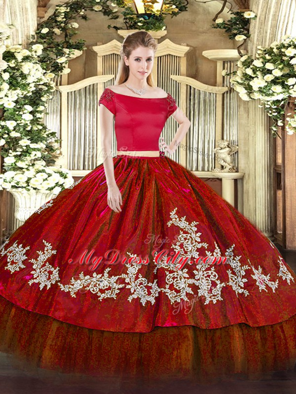 Organza and Taffeta Off The Shoulder Short Sleeves Zipper Embroidery Quinceanera Dress in Wine Red