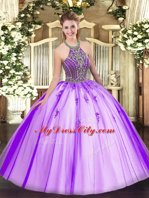 Floor Length Eggplant Purple Sweet 16 Dress Halter Top Sleeveless Lace Up