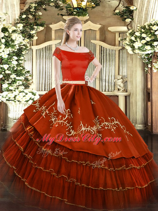 On Sale Floor Length Rust Red 15 Quinceanera Dress Organza and Taffeta Short Sleeves Embroidery and Ruffled Layers