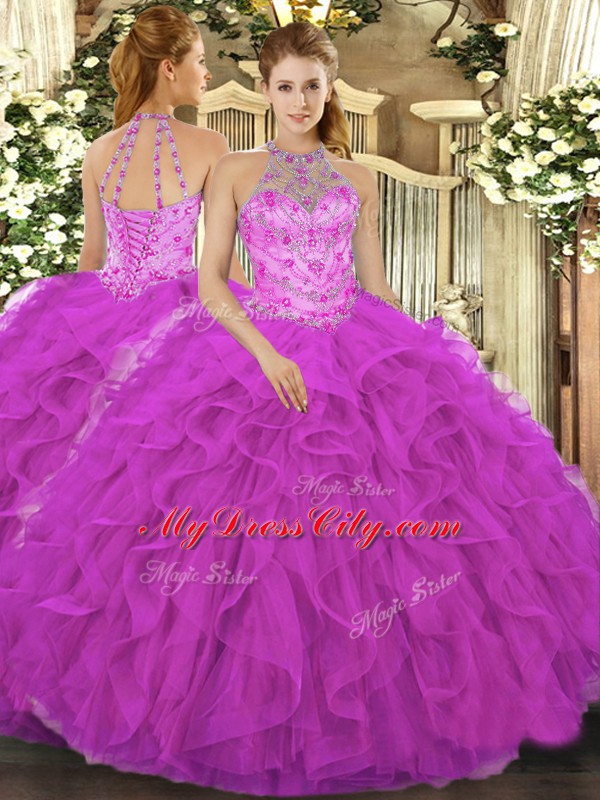 Halter Top Sleeveless Lace Up Sweet 16 Quinceanera Dress Fuchsia Organza
