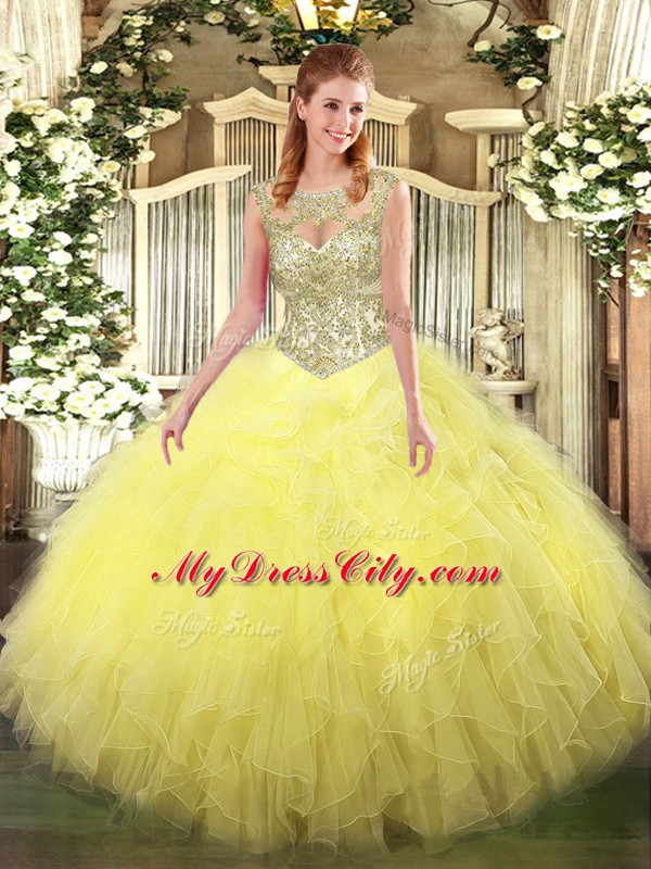 Beading and Ruffles Quince Ball Gowns Yellow Lace Up Sleeveless Floor Length