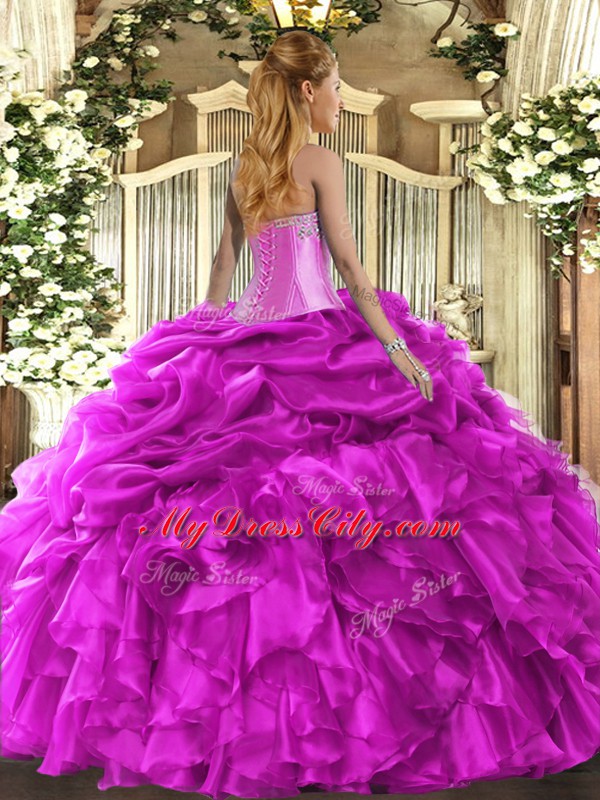 Dazzling Sleeveless Organza Floor Length Lace Up Quinceanera Dresses in Hot Pink with Beading and Ruffles and Pick Ups