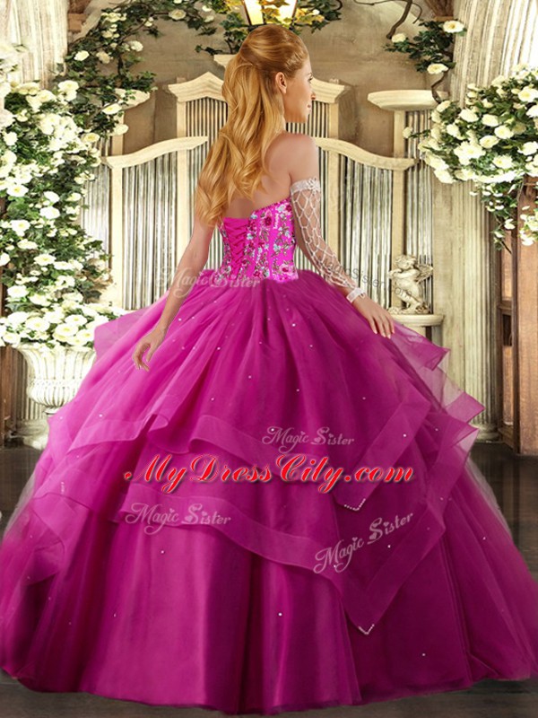 Romantic Sweetheart Sleeveless Tulle Vestidos de Quinceanera Embroidery and Ruffled Layers Lace Up