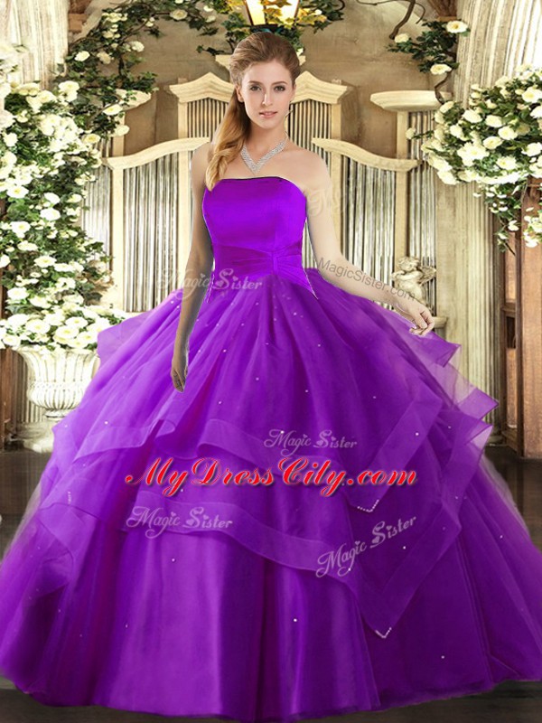 Tulle Strapless Sleeveless Lace Up Ruffled Layers 15th Birthday Dress in Eggplant Purple