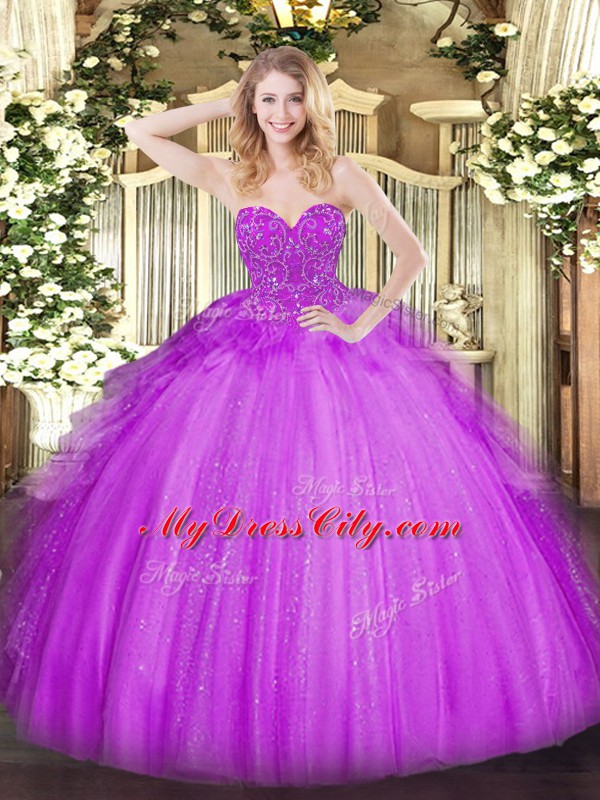 Lavender Ball Gowns Sweetheart Sleeveless Tulle Floor Length Lace Up Lace Quinceanera Gown