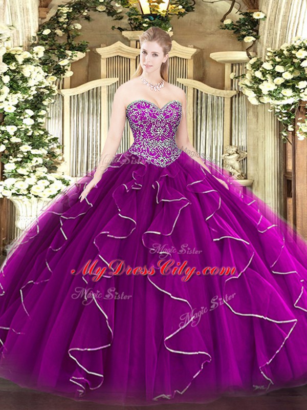 Discount Fuchsia Ball Gowns Sweetheart Sleeveless Tulle Floor Length Lace Up Beading and Ruffles Quinceanera Dress