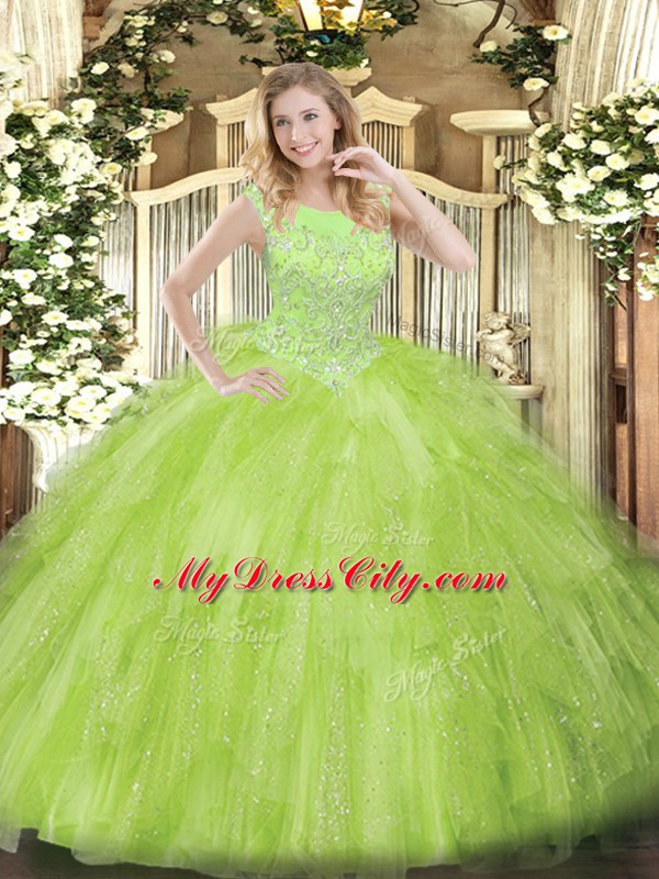 Cheap Scoop Sleeveless Tulle Quince Ball Gowns Beading and Ruffles Zipper